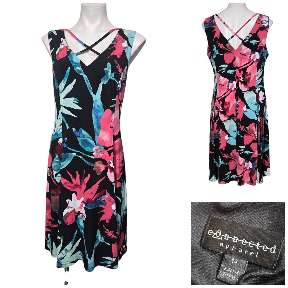 Connected Apparel Womens Floral V-Neck Crisscross Midi Dress Black Pink Size 14